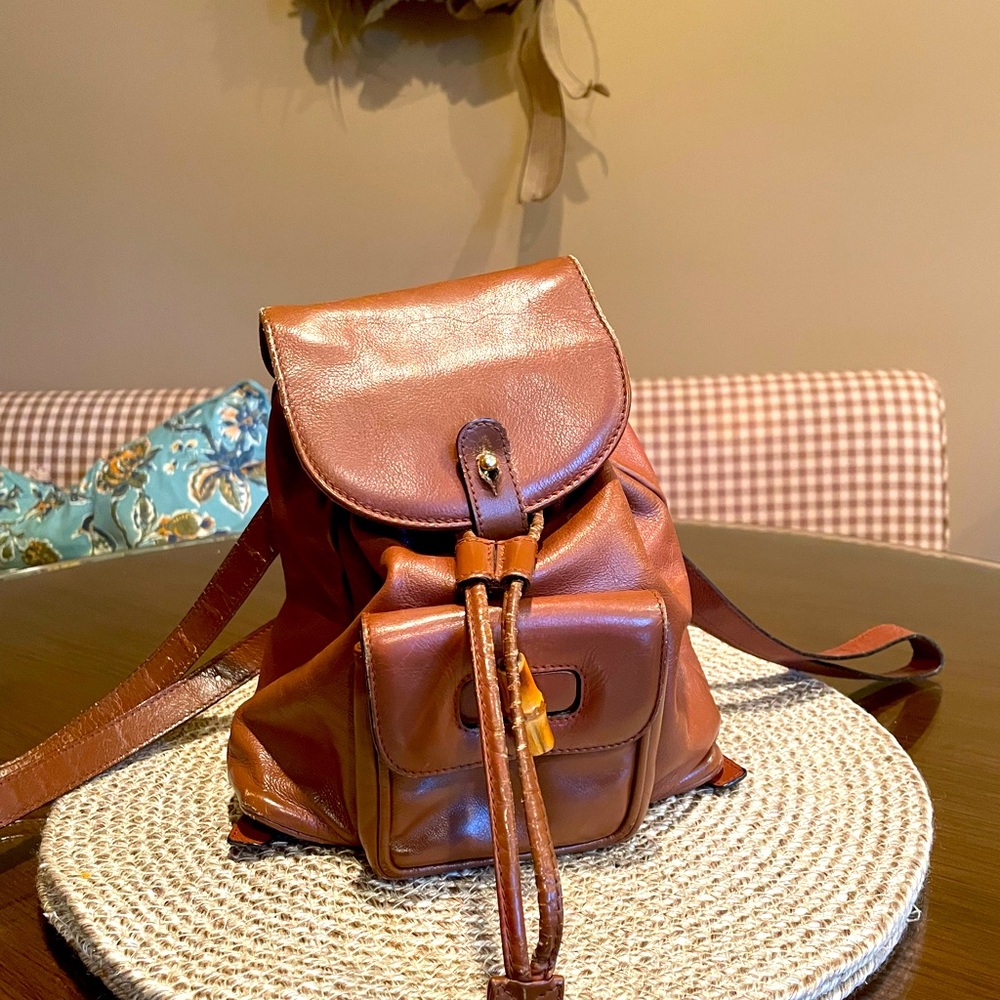 Vintage Mini Gucci Bamboo Handle Brown Leather Backpack